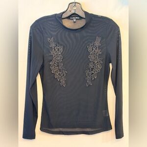 SWEET RAIN Black Long-Sleeve Mesh Top with Floral Appliqué